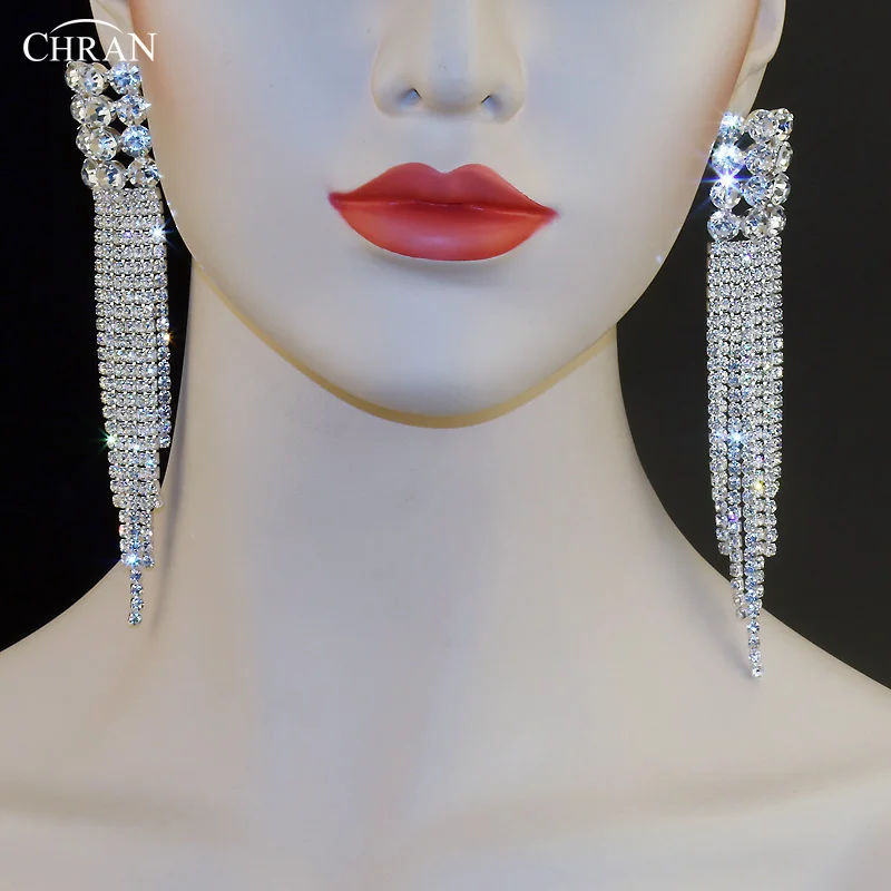 Chran Посеребренная Кристалл Rhinestone люстра серьги длинные Ленточки Серьги Jewelry