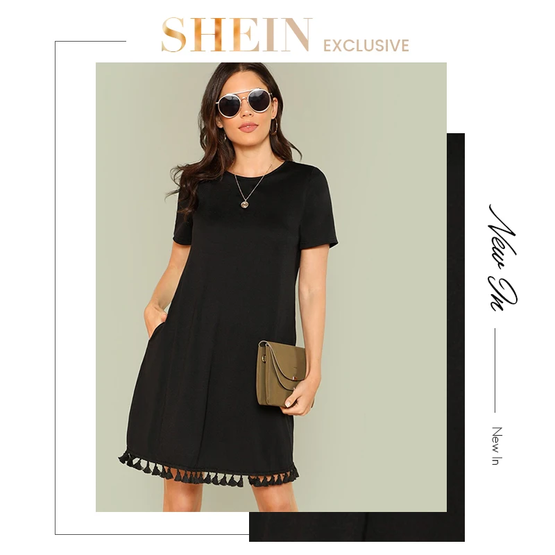 SHEIN женское летнее платье с бахромой и боковыми карманами,, цельное платье-туника с коротким рукавом