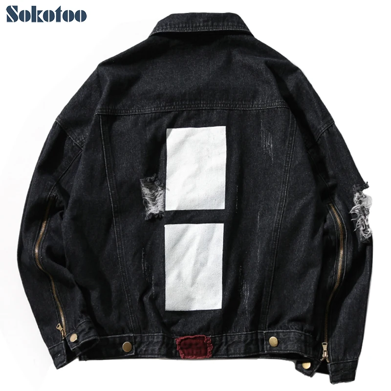 

Sokotoo Men's black loose holes ripped denim jean jacket Plus size zipper sleeve coat Printed top outerwear