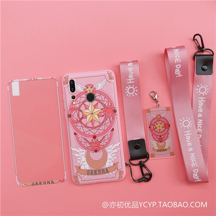 Nova 5 5i Cute Cardcaptor Sakura Case +Tempered Glass Screen film case for Huawei Nova4 / Nova4E 3 3E 2S with straps |