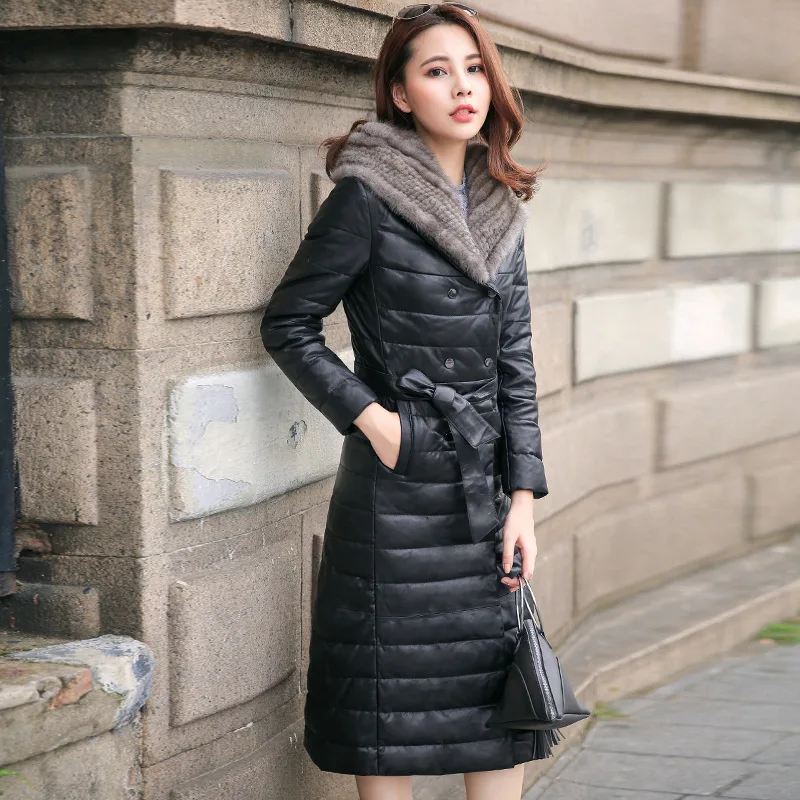 Tcyeek теплые женские из искусственной кожи утка подпушка Куртка норки Мех животных пальто с капюшоном черный плюс размеры 5XL женская верхняя одежда abrigos CJ419