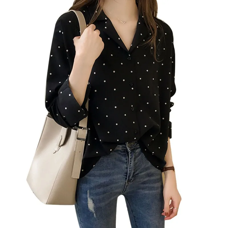 Casual Chiffon Polka Dots Shirt Women Top Casual V-Neck Long Sleeves Blouses
