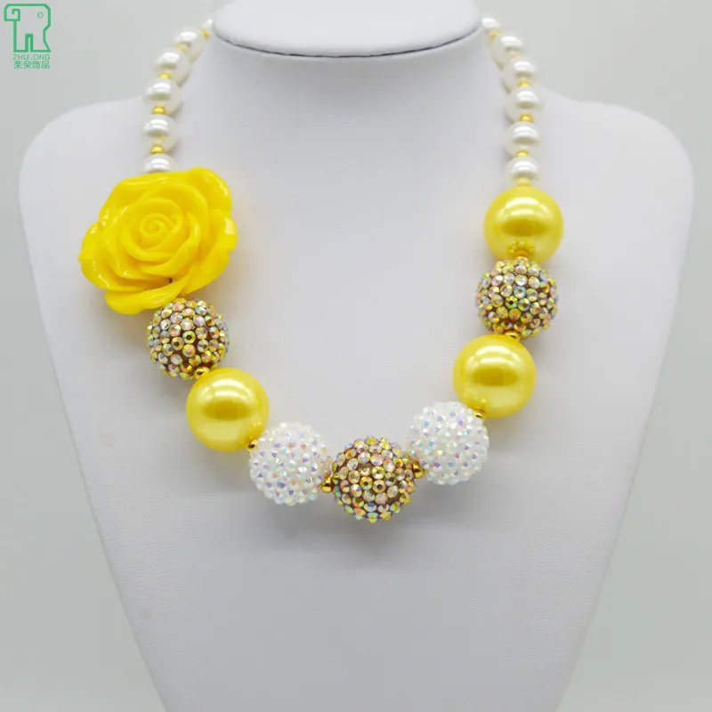 

5PCS Girls Chunky Yellow Flower Necklace White Gold Kids Bubblegum Beads Choker Child Pearl Jewelry Girls Chunky Flower Necklace
