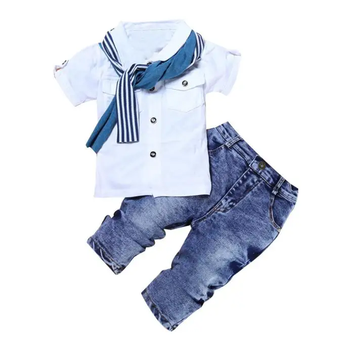 3PCS Clothing Sets Baby Boys Clothes Short Sleeve T-Shirt Tops + Scarf Trousers Conjunto Menino Kid Dropshipping | Детская одежда и