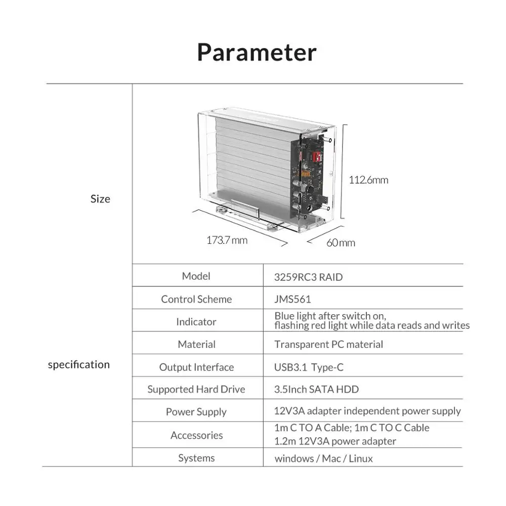Корпус для внешнего жесткого диска ORICO 3 5 дюйма RAID 0 1 PM SPAN Прозрачный чехол SATA