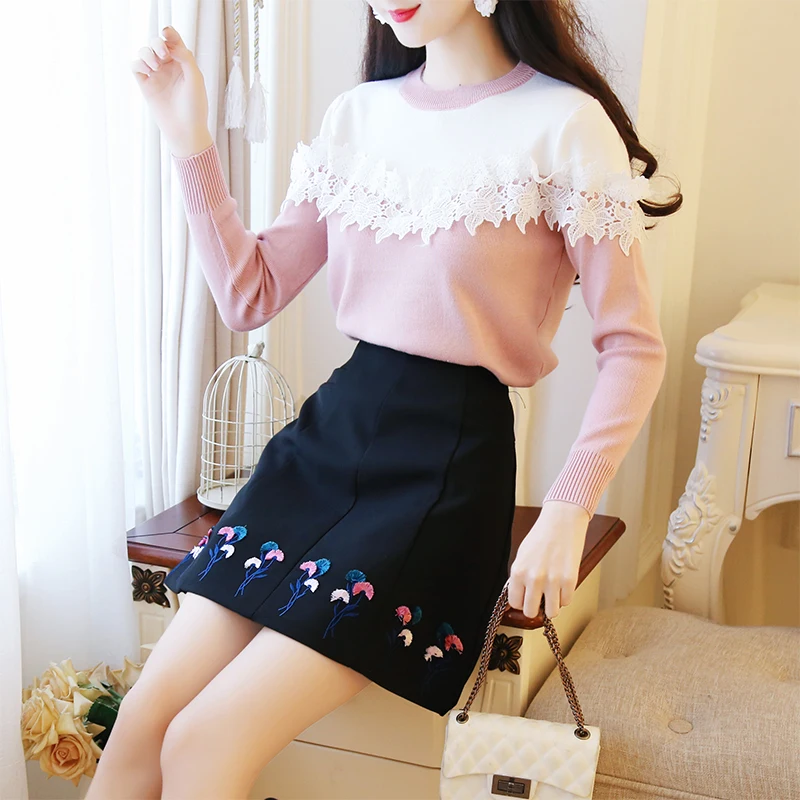 

Autumn Elegant Vestido Lace Knit Pullover Top Sweater & 3D Embroidery Flower Bust Skirt Two-Piece Clothing Set Women Outfit