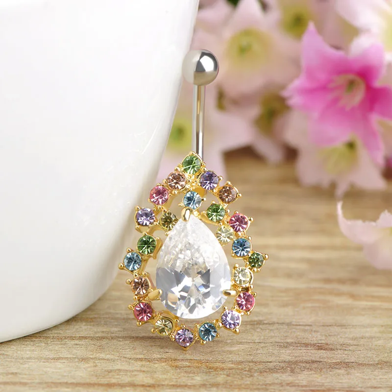 Кольцо для пирсинга пупка с крупными золотыми и зелеными кристаллами|jewelry