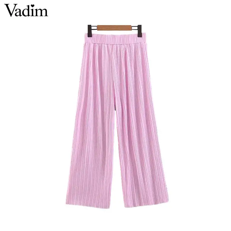 Vadim women elegant pink wide leg pants drawstring elastic waist pleated casual female ankle length chic trousers mujer KA981 | Женская