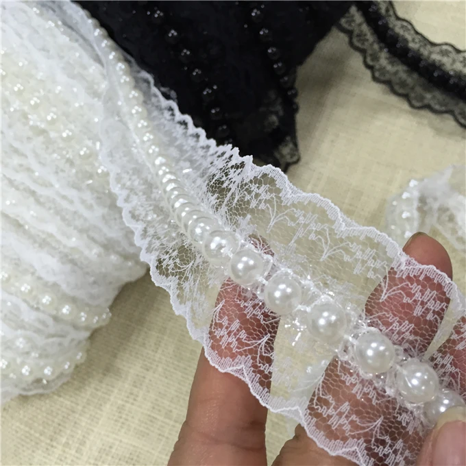 5 ярдов черное белое горячее кружево с декоративными бусами DIY шитье свадебное платье с узором кружево 4,2 см в ширину