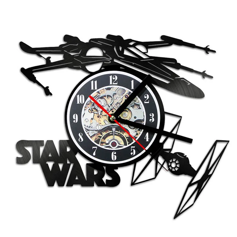 Creative Star Wars Theme Airplane Record Clock 3D Model Hollow Wall Clock Vinyl Record Material Antique Style Hanging Clock