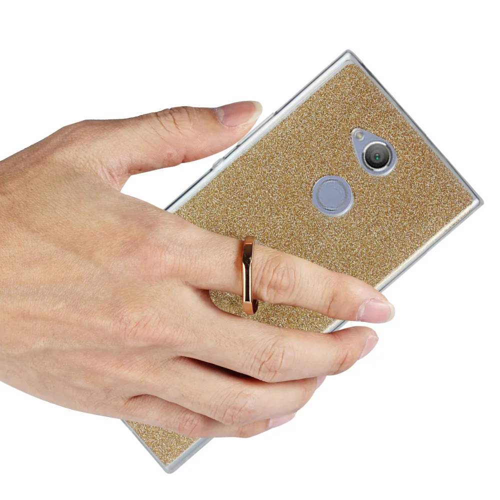 Cover Phone Case For Sony Xperia XA2 Ultra 6.0&quot TPU Silicone Transparent Shell + Flash Glitter Powder Sticker Metal Finger Ring |