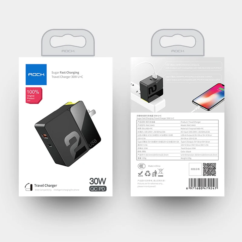 Rock 2 USB зарядное устройство Универсальный Быстрый QC3.0 PD зарядное устройство дорожный адаптер 3,6-6V3A 6,1-9V2A 5V4A ЕС Разъем для iPhone samsung Xiaomi