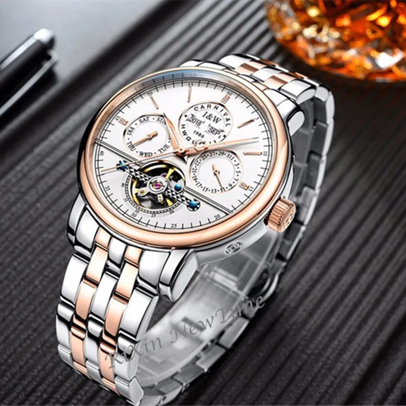 Механические часы Carnival Tourbillon мужские роскошные винтажные Автоматические