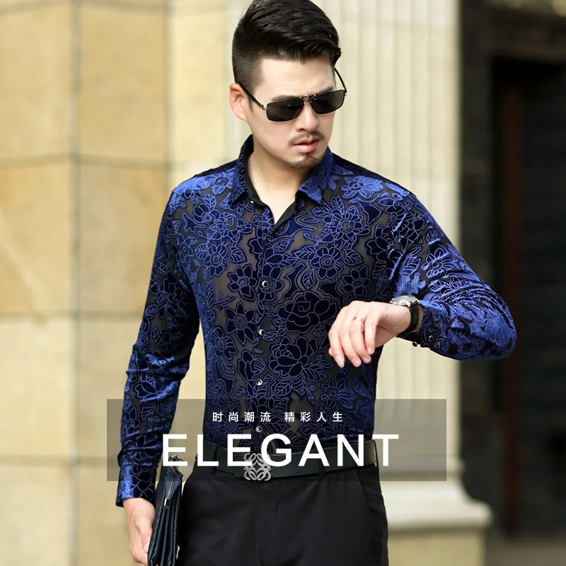 New design male casual see through shirts hollow floral long sleeve clothes mens sexy transprant dress shirt | Мужская одежда