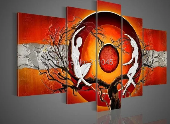 

Hand-painted Hi-Q modern fashion wall art home decorative abstract oil painting on canvas Bouncing line orange 5pcs/set framed