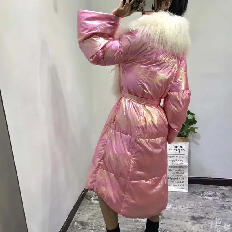 Длинная 90% белая женская зимняя куртка на утином пуху, Новая Модная парка, розовые пальто, doudoune femme hiver с большим шерстяным меховым воротником