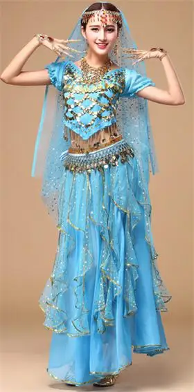 Light Blue 3 pcs DJGRSTER костюм Болливуд индийский костюм платье для танца живота платье Для женщин живота Танцы костюм наборы Племенной юбка 2-3 шт./компл - Цвет: Light Blue 3 pcs