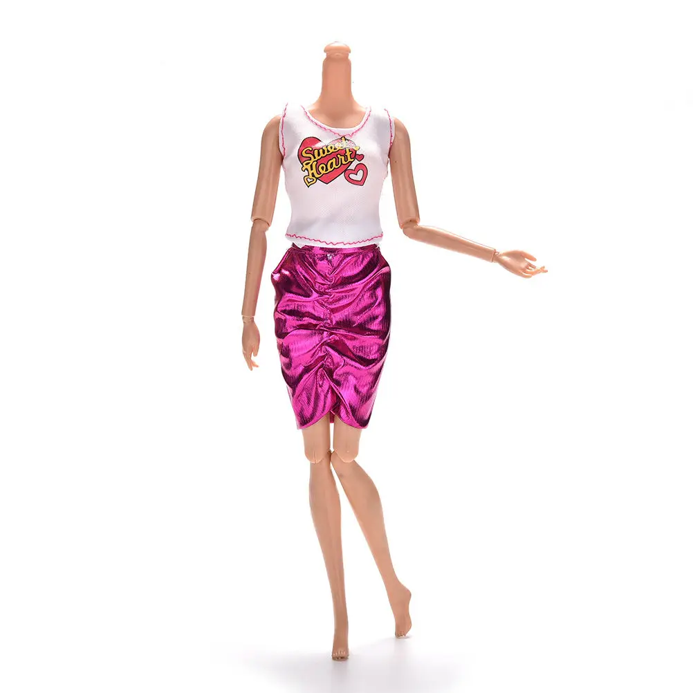 

1 Set For Barbies Dolls Suits Clothes White Tank Top with Rose Skirt