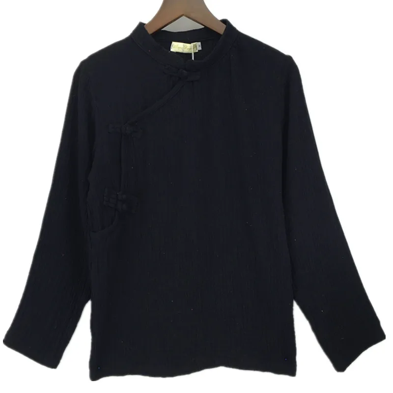 Женская винтажная блузка из хлопка и льна с воротником-стойкой льняные рубашки в