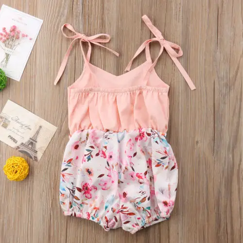

Newborn Infant Baby Girls Kids Sleeveless Floral Prints Jumpsuit Romper Sunsuit Pink Ties Halter Summer Cute Clothes Baby 0-24M
