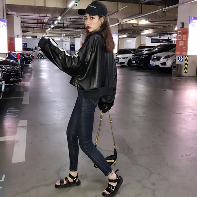 

Autumn Women Faux Leather Jacket Bat Sleeve Side zipper Short Washed Pu Jacket Student Casual Large size Pullover Coat Tops W223