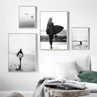 Черно-белая девушка доска для серфинга пляж стена чайки Художественная печать холст картина скандинавские постеры и принты настенные картины для гостиной
