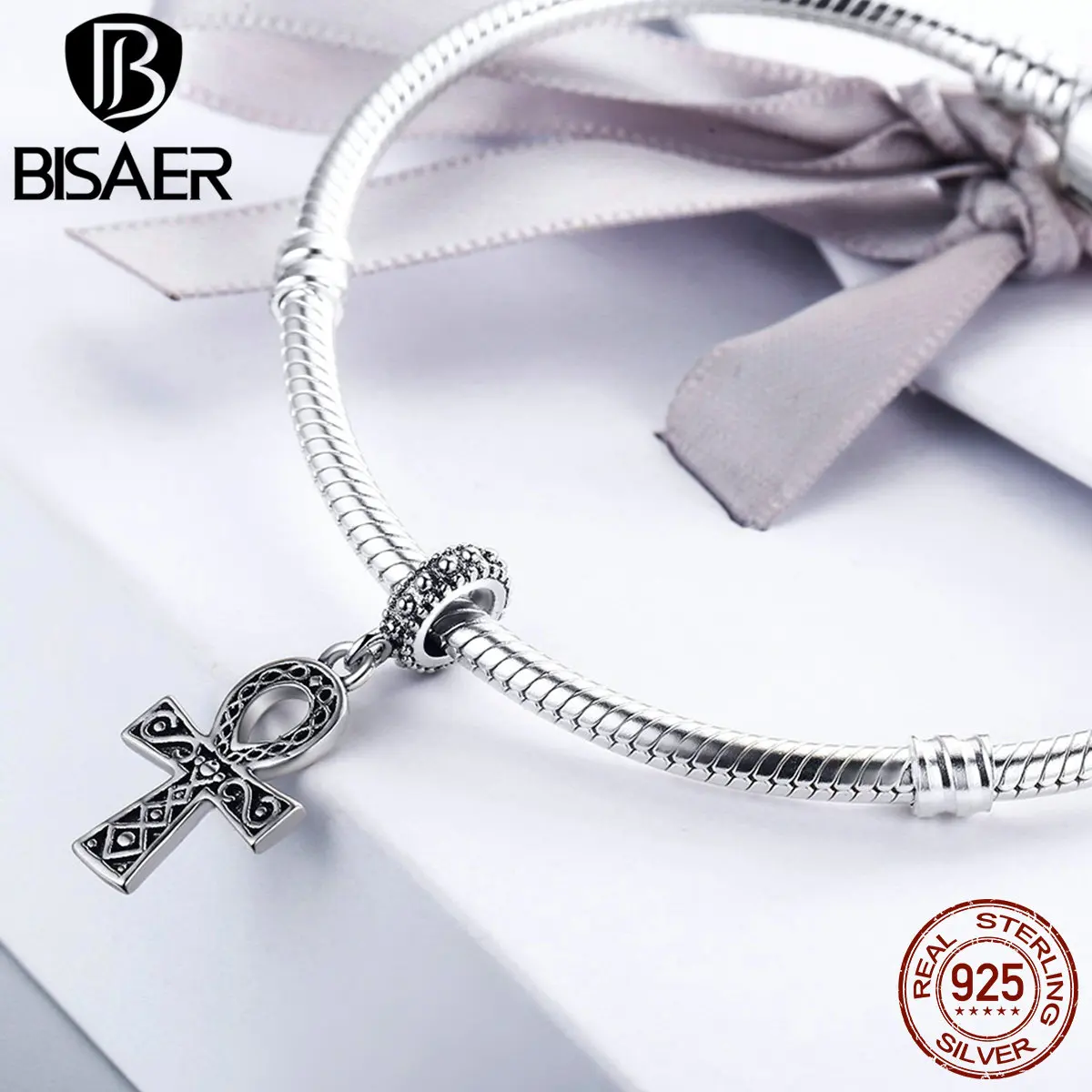 BISAER подлинный 925 пробы Серебряный Faith ANKH подвеска в форме Креста бусины подходят Пан Шарм браслет DIY ювелирные изделия подарок