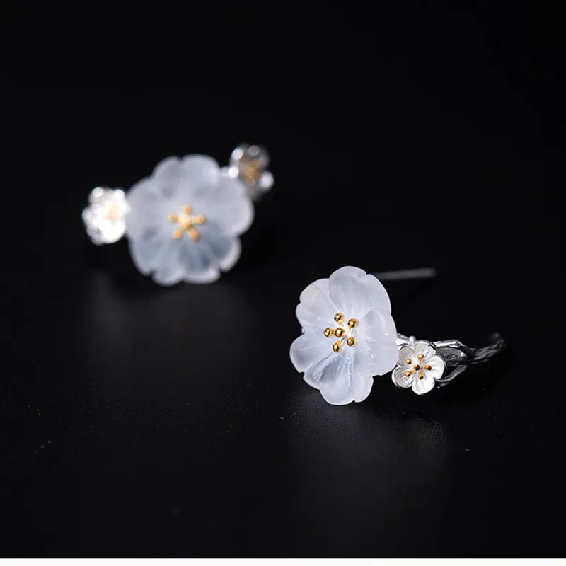 Женские серьги-гвоздики из серебра 100% пробы с цветком сливы | Украшения и