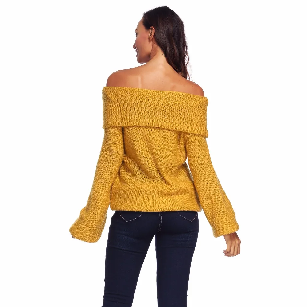 Ladies 2018 Autumn Hot New Sweater Long Sleeve Sexy Slash Neck Knit Loose Solid Pullovers Fashion | Женская одежда