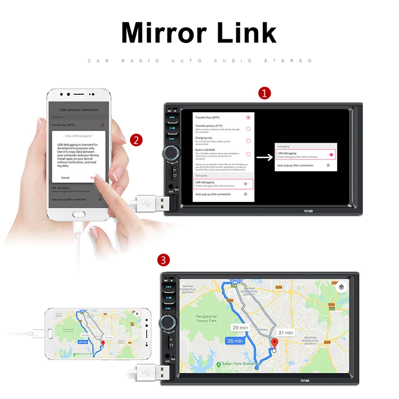 Автомобильное радио 2DIN Android Mirror Link 7018B сенсорный экран Авторадио вид сзади камера