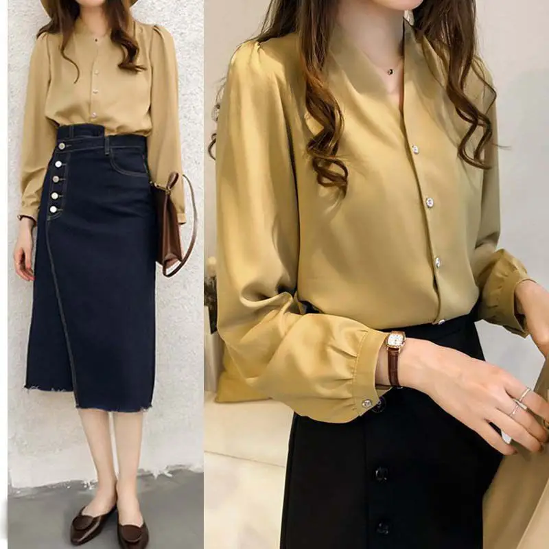 

2018 Womens Shirts Long Sleeve Blouses Fashion V Neck Imitation Satin Solid Classic Retro Tops Shirts For Women