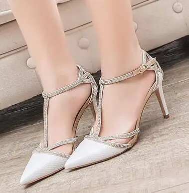 white 8cm heel Stylesowner/Новинка; пикантные женские туфли-лодочки из натуральной кожи с Т-образным ремешком с острым носком; вечерние свадебные туфли на шпильке; цвет белый - Цвет: white 8cm heel