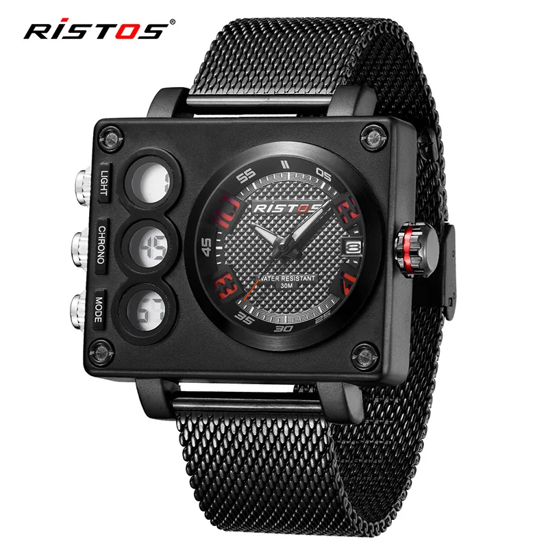 

Ristos Brand Male Fashion Wristwatch Relojes Masculino Top Chronograph Multifunction Men Sports Mesh Steel Analog Watch Digital