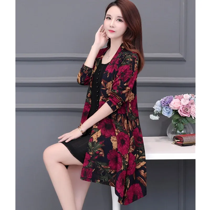 UHYTGF Autumn trench coat Womens fashion folk-custom printing Cardigan shawl thin outerwear Long sleeve loose plus size coats 83