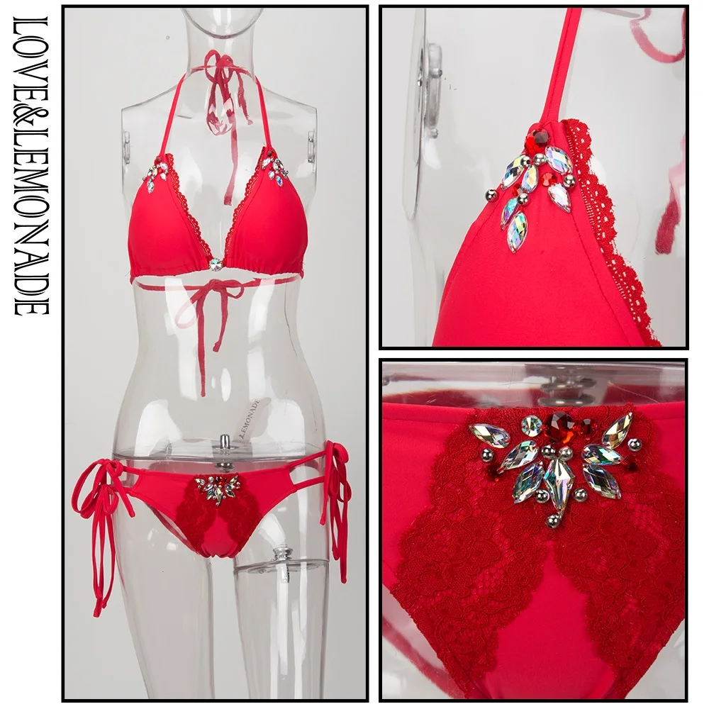 

LOVE & LEMONADE Red Two-Pieces Colorful Beaded Lace Decoration Beach Sets LM1035