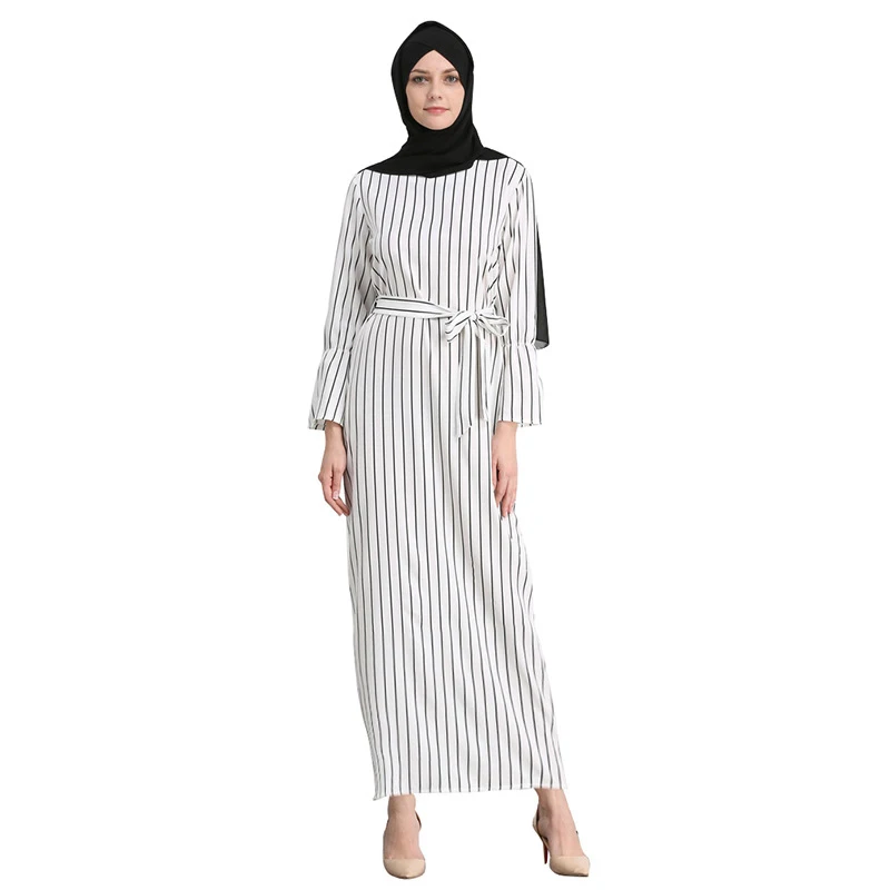 

Women Muslim Dress Kaftan Cotton Striped Turkish Islamic Clothing Dubai Open Abaya Muslim Party Dresses Robes Casual WearDQS2208
