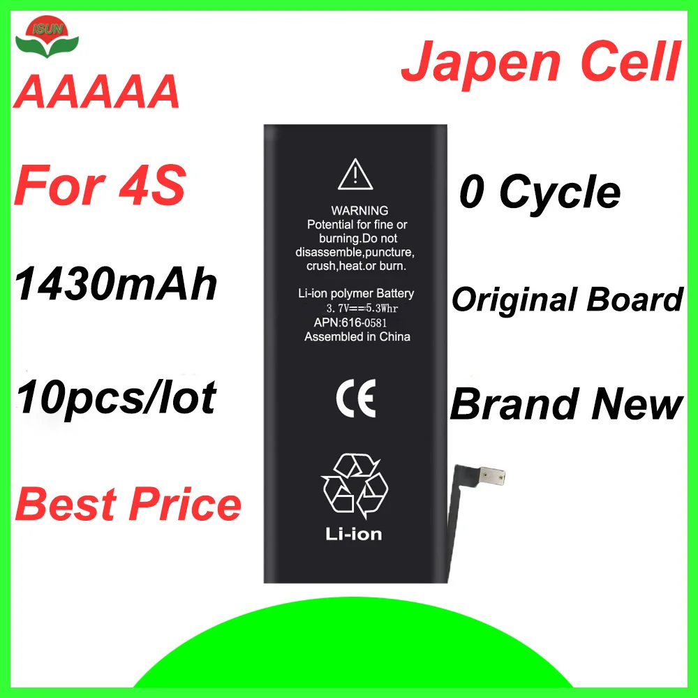 

ISUN 10pcs/lot original quality 0 cycle mobile battery for iPhone 4S 1430mAh 3.7V battery replacement