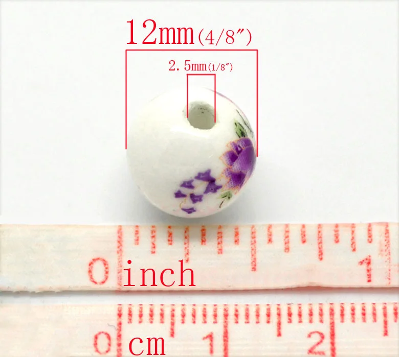 DoreenBeads 30 шт фиолетовый цветочный узор круглые керамические бусины 12 мм (4/8 &quot)