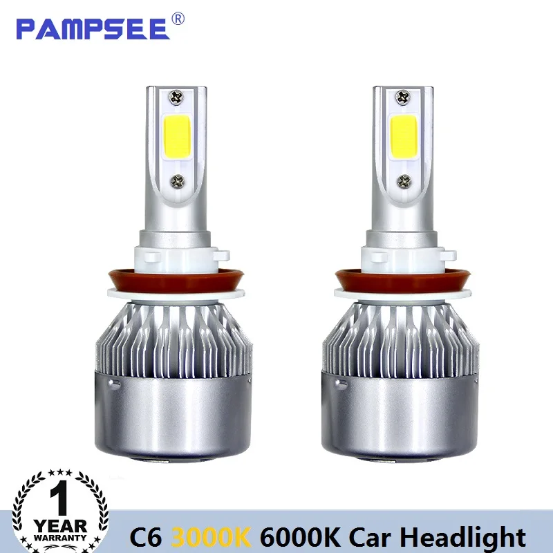 PAMPSEE C6 автомобильный головной светильник 72 Вт 7600LM светодиодный светильник лампы H1 H3 H7 9005 9006 H11 H4 H9 H8 9007 Автомобильные фары 6000K 3000K желтый
