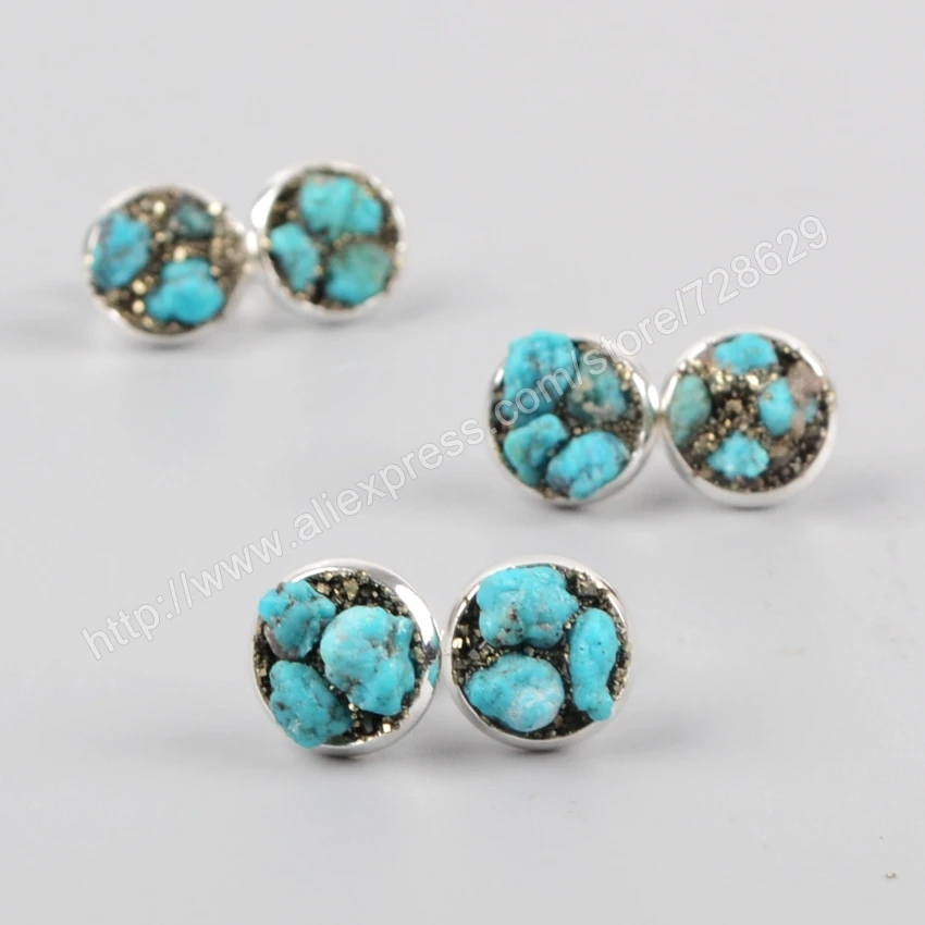 Женские серьги гвоздики BOROSA из 100% бирюзы с кристаллами пирита золотого