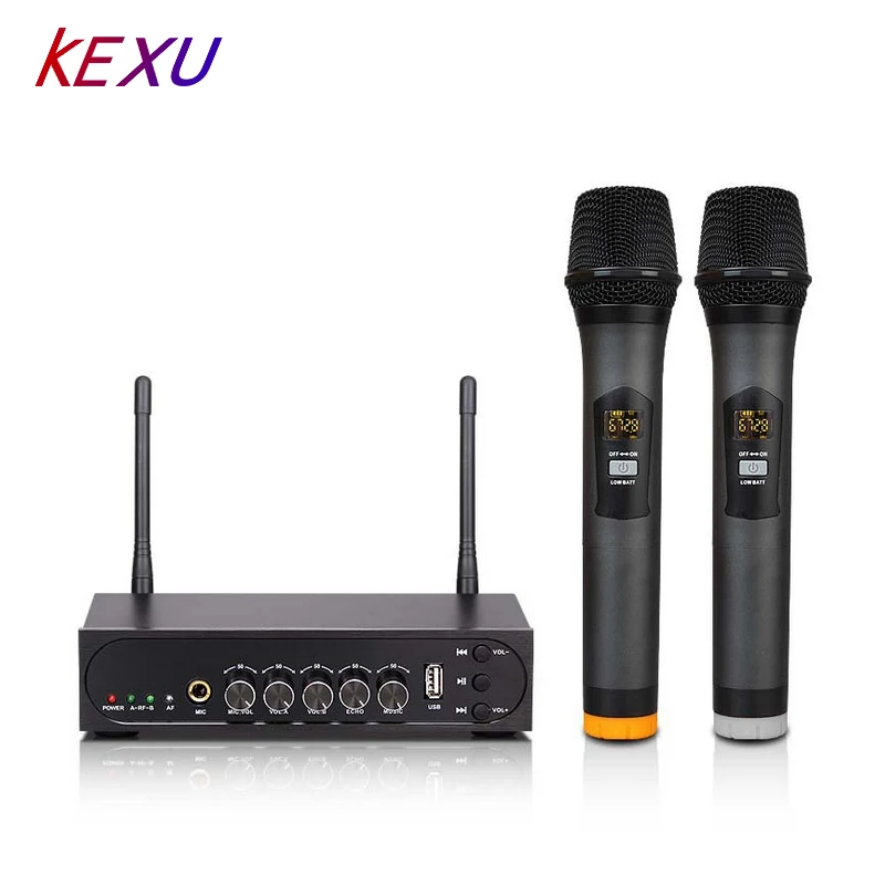 KEXU беспроводной UHF 2 канала микрофон системы двойной ручной передатчик Systerm для