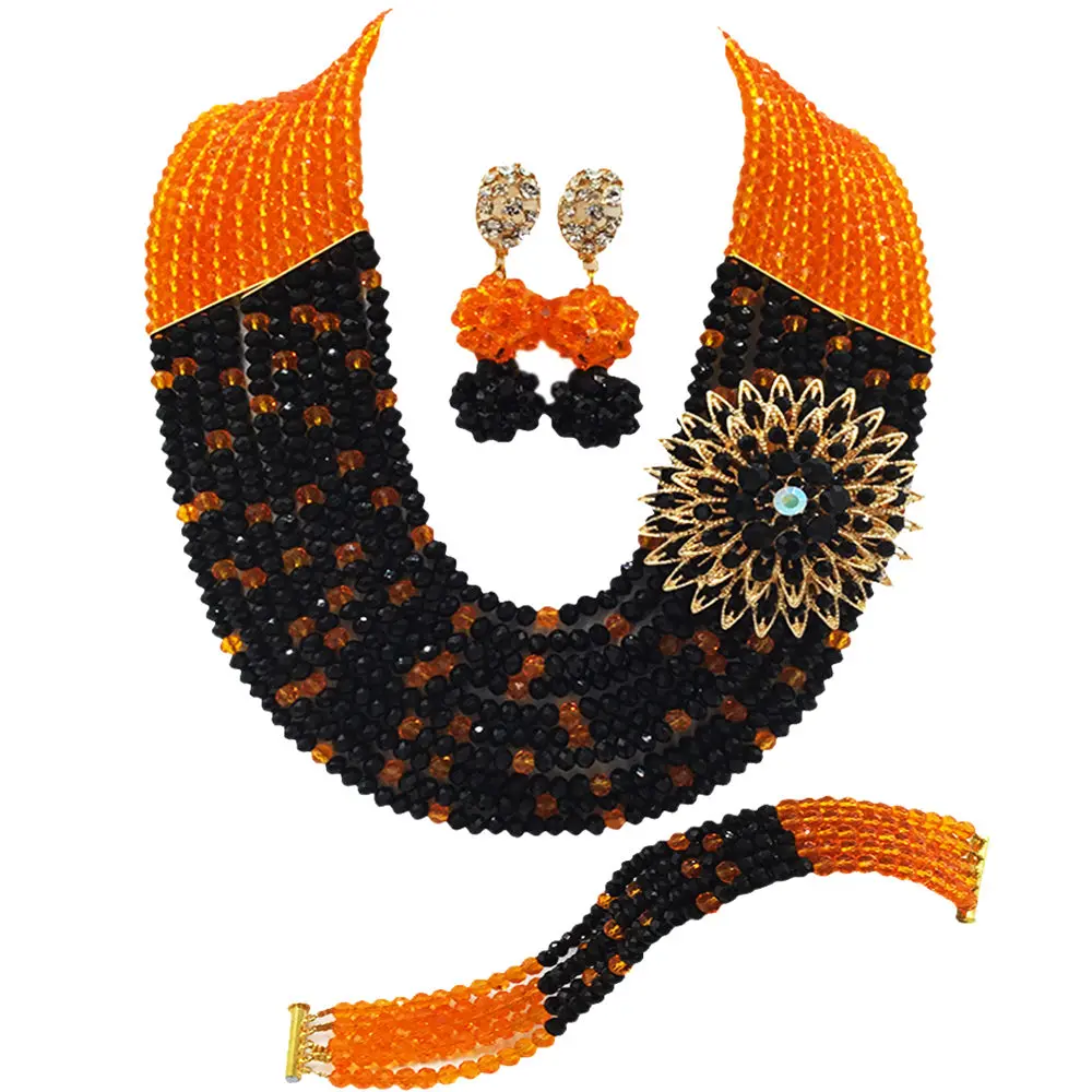 

Fashion Orange Black African Wedding Beads Nigerian Jewelry Set Crystal Beaded Multistrands Necklace 10C-SZ015