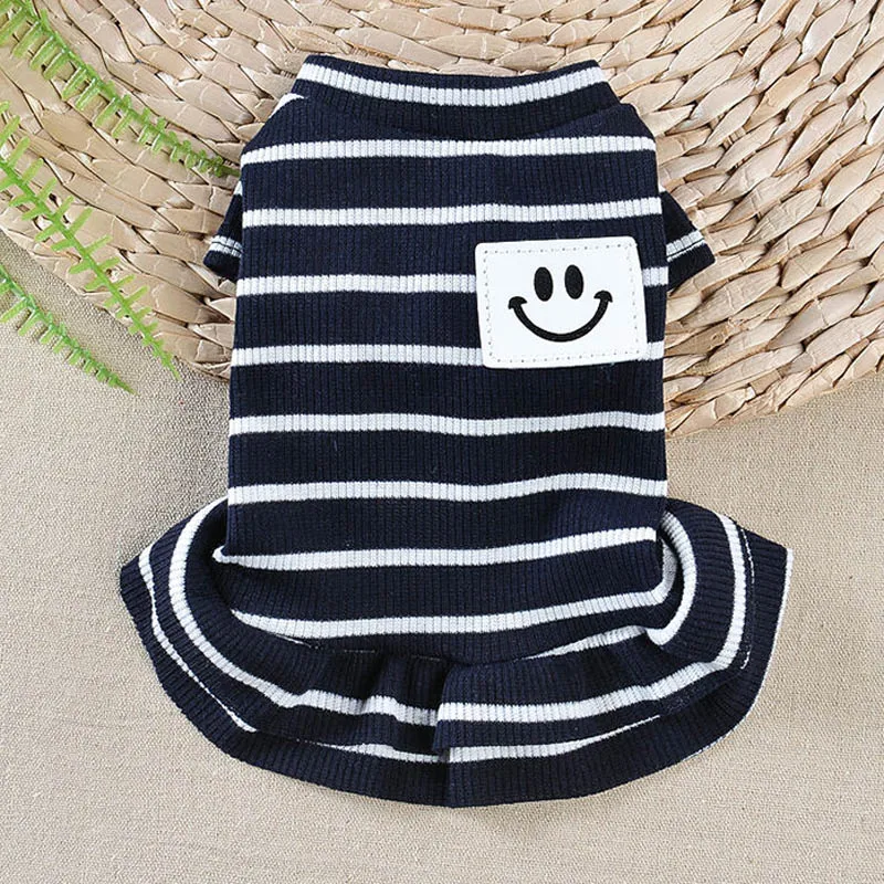Весенняя одежда для собаки улыбка лицо собака платье Одежда для собак пара домашних животных Костюм полосатая одежда для домашних животных для маленьких средних собак Йоркская мопс