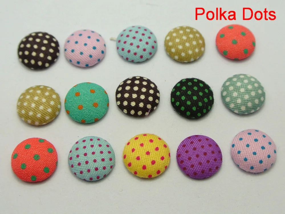 

50 Flatback Polka Dots Fabric Covered Buttons Round 12mm for DIY Hair Clip
