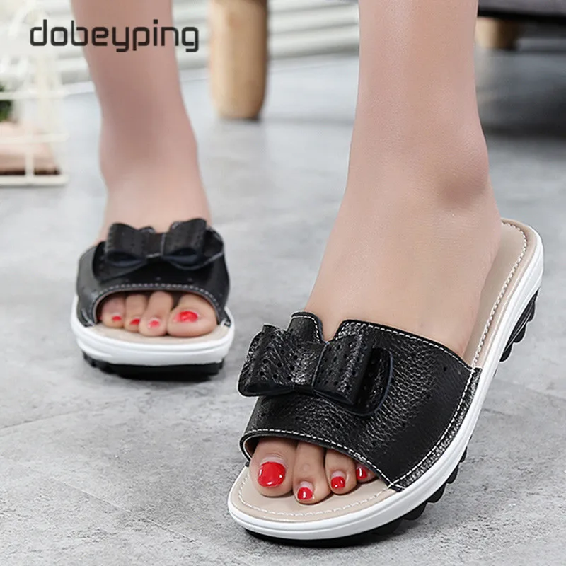 Женские шлепанцы из воловьей кожи сандалии на плоской платформе пляжные