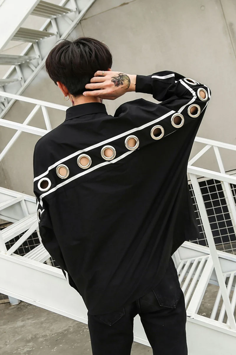 

M-XL!!Spring tide dark hair stylist personality hoop decoration men's long-sleeved shirt tide male youth loose bat sleeve shirt.