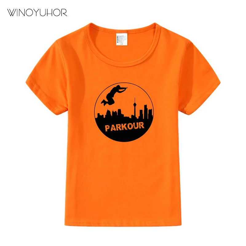Parkour/крутая футболка с принтом; детские летние модные топы с короткими рукавами; Повседневная футболка для мальчиков и девочек; одежда для детей в стиле хип-хоп - Цвет: Orange