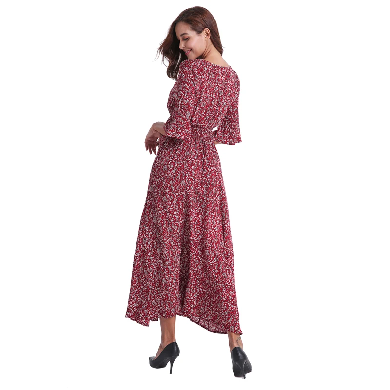 Bohemian Wine Red Floral Print Maxi Dresses V-neck Three Quarter Sleeve Long For Women Beach Clothes | Женская одежда
