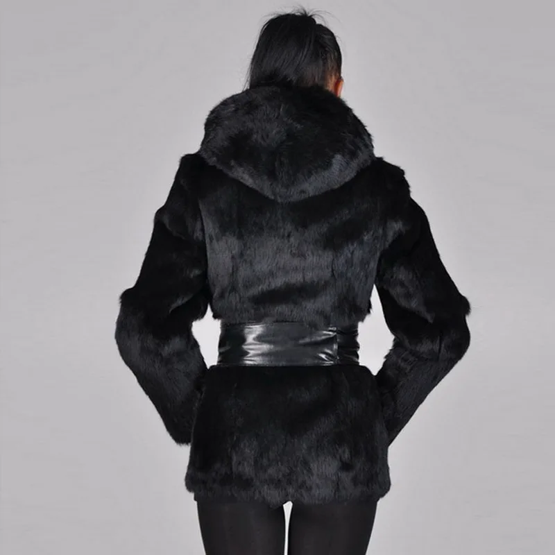 Black/ White Womens Hooded Man-Made Mink Fur Overcoats Large Sizze Winter Autumn Warm Female Fake Outwears With Belt D419 | Женская