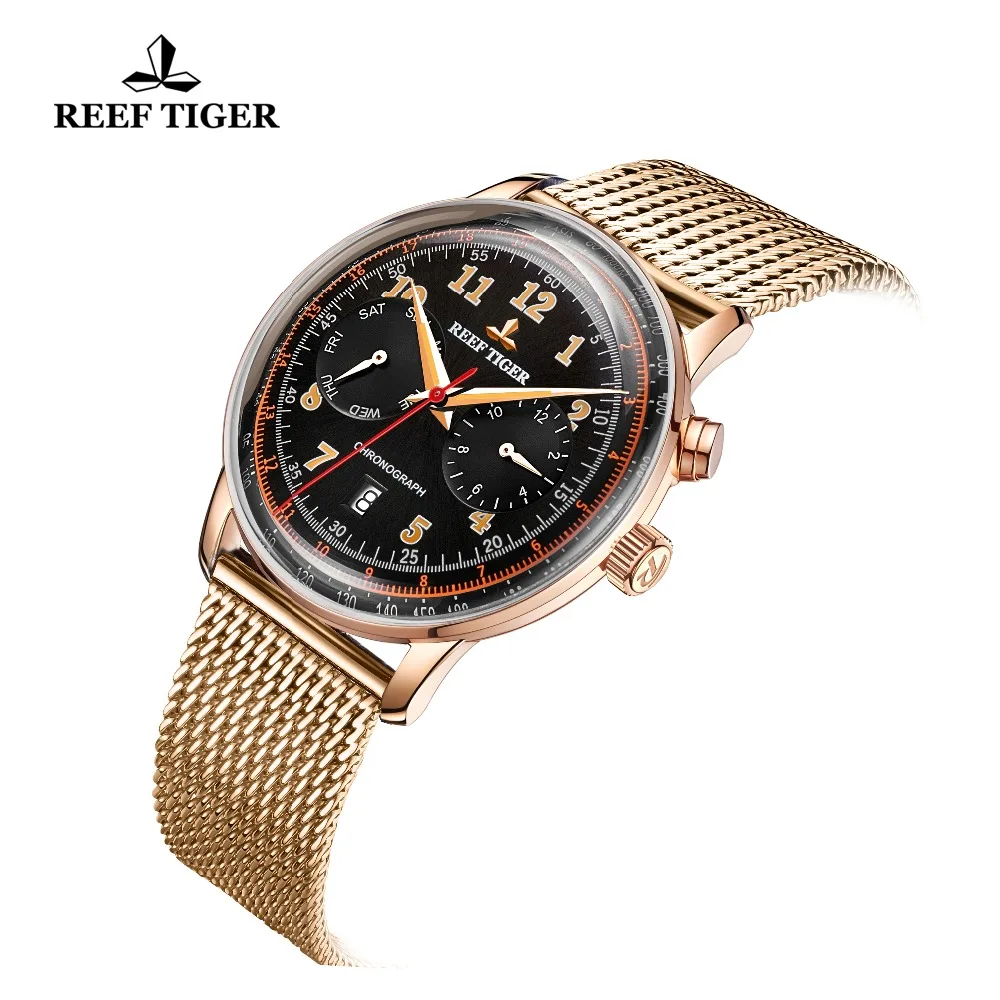 

Reef Tiger/RT Top Generous Watches for Men Date Waterproof Watches Rose Gold Steap Automatic Mechanical Watches RGA9122